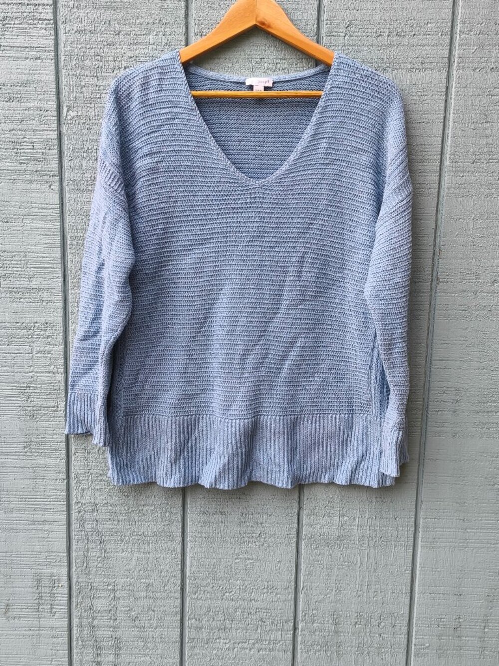 J Jill PureJill Cotton Cashmere V-Neck Midweight Sweater sz L Blue Coastal Beach